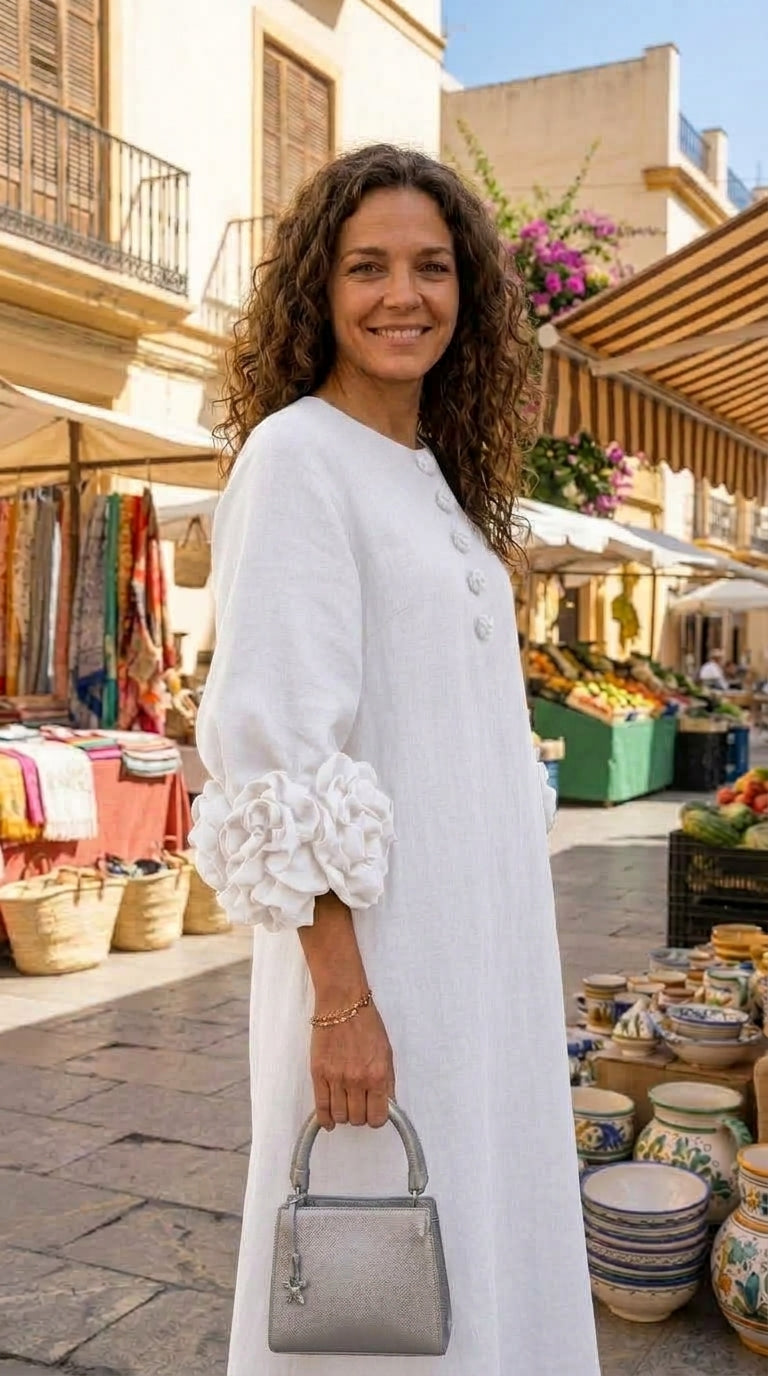 Kjole i fransk stil med blomster og puffermer