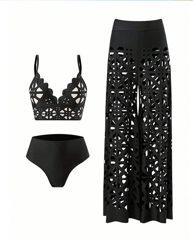 Costume da bagno bikini con scollo a V profondo, cut-out e pantaloni a gamba larga
