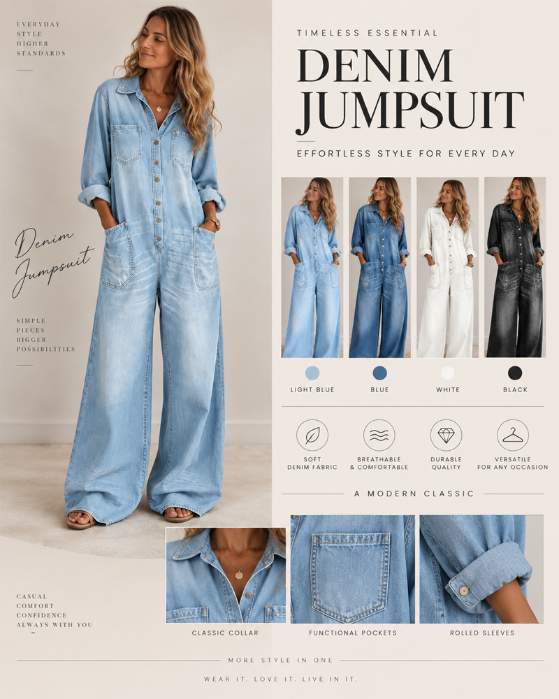 Tuta in denim a camicia abbottonata con gambe larghe
