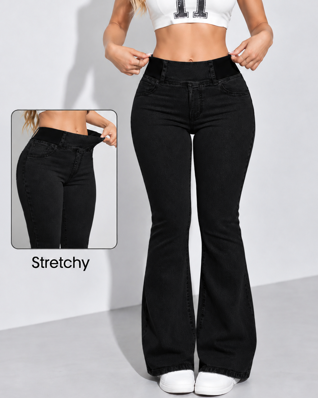 Stretch jeans med utsving og høyt liv med elastiske innlegg