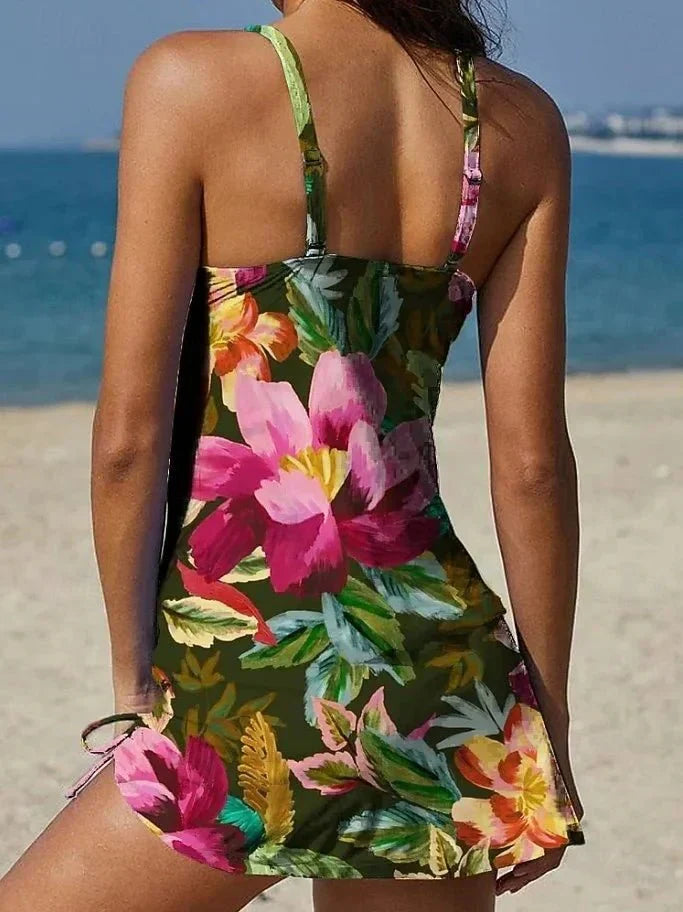 Tankini à fleurs graphiques avec short, effet ventre plat
