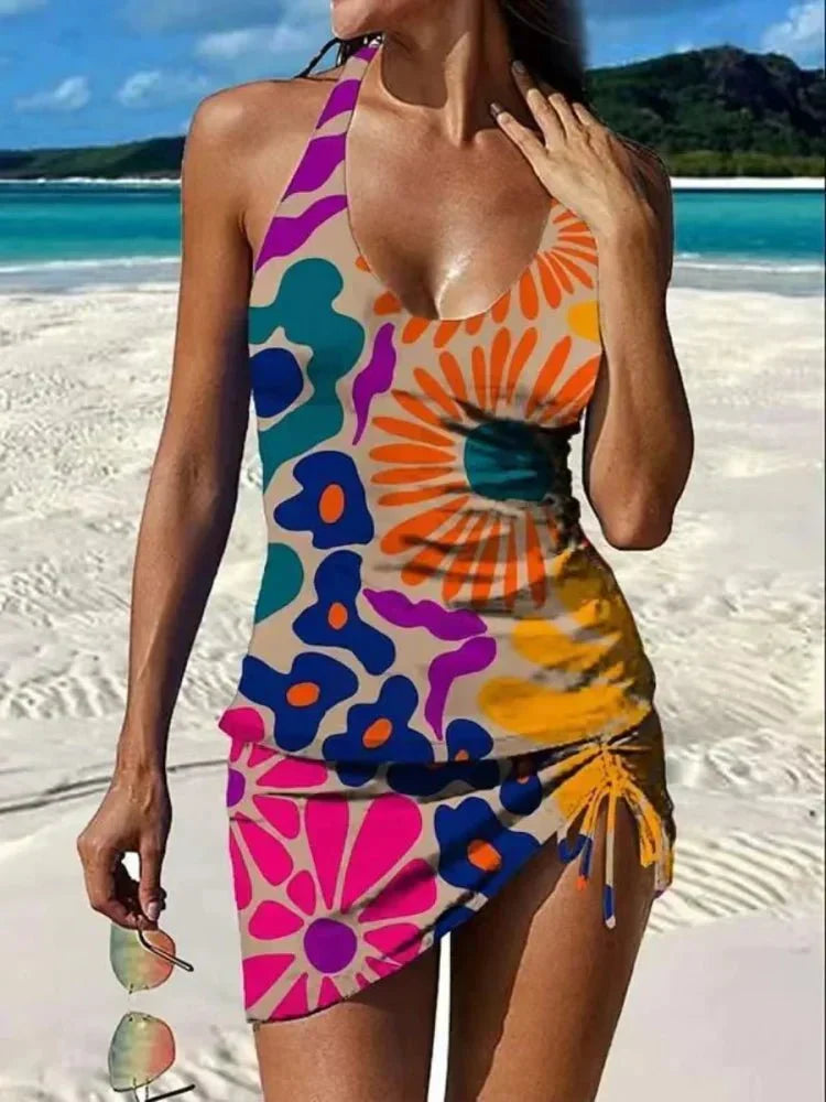 Tankini à fleurs graphiques avec short, effet ventre plat