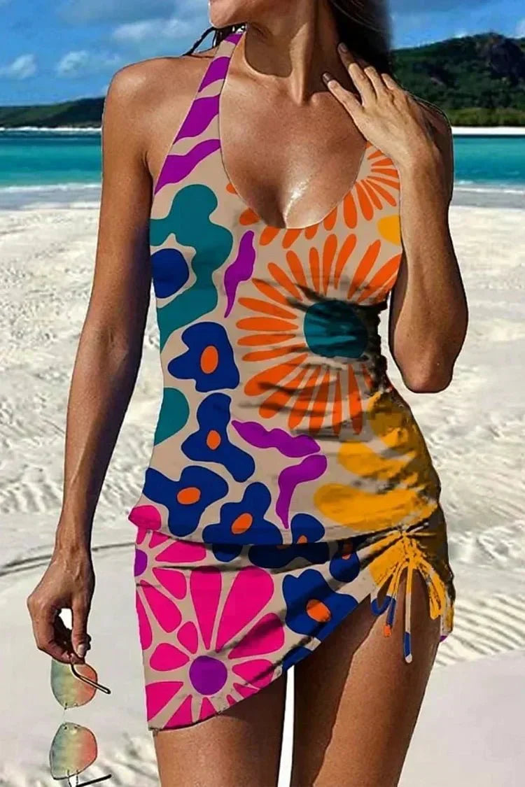 Tankini à fleurs graphiques avec short, effet ventre plat