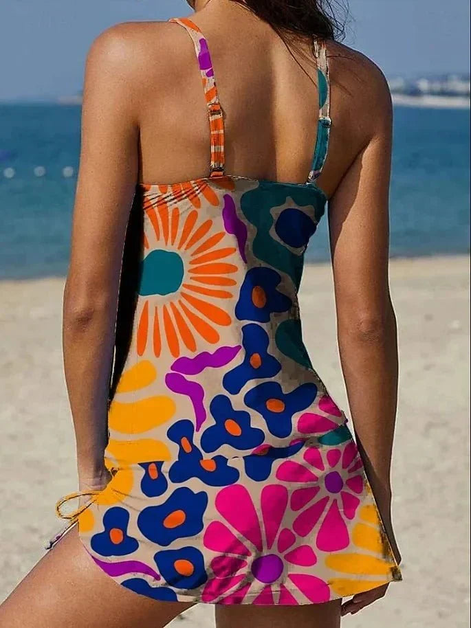 Tankini à fleurs graphiques avec short, effet ventre plat