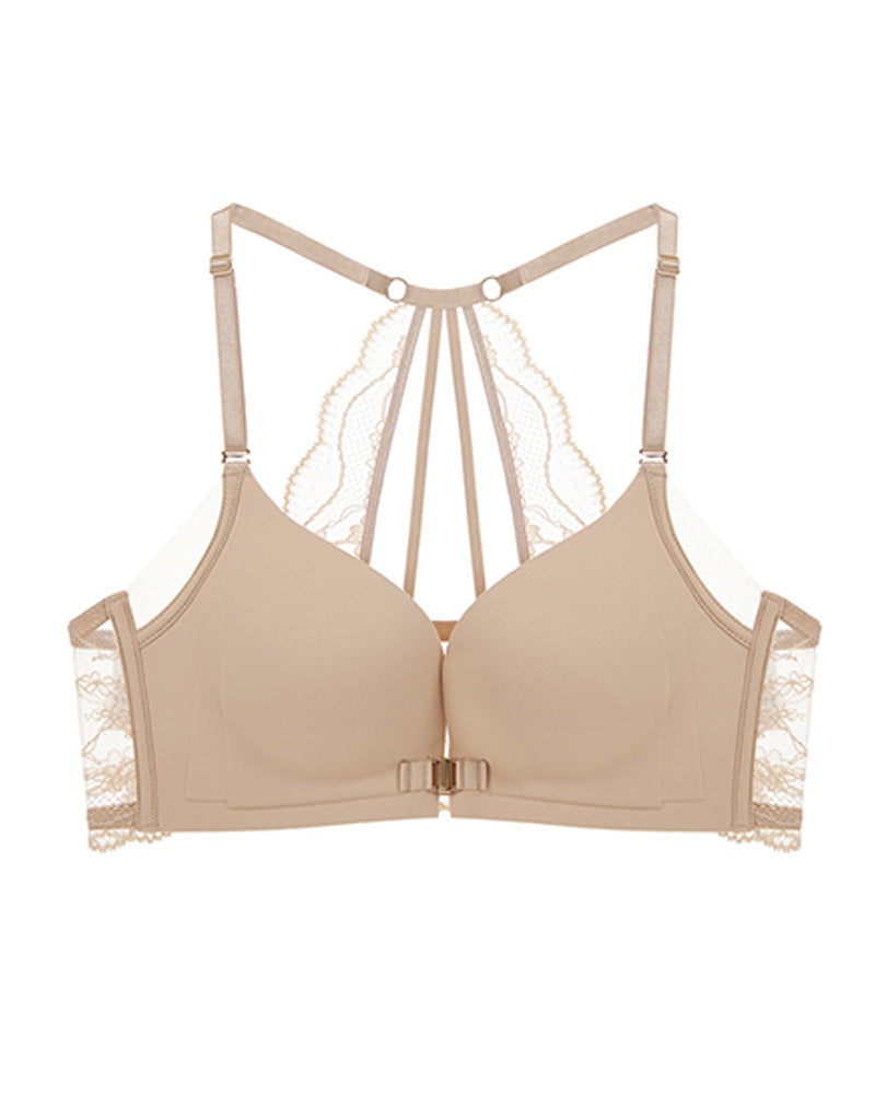 Sexy sømløs push-up-BH med frontlukking, uten bøyle, og blonderygg