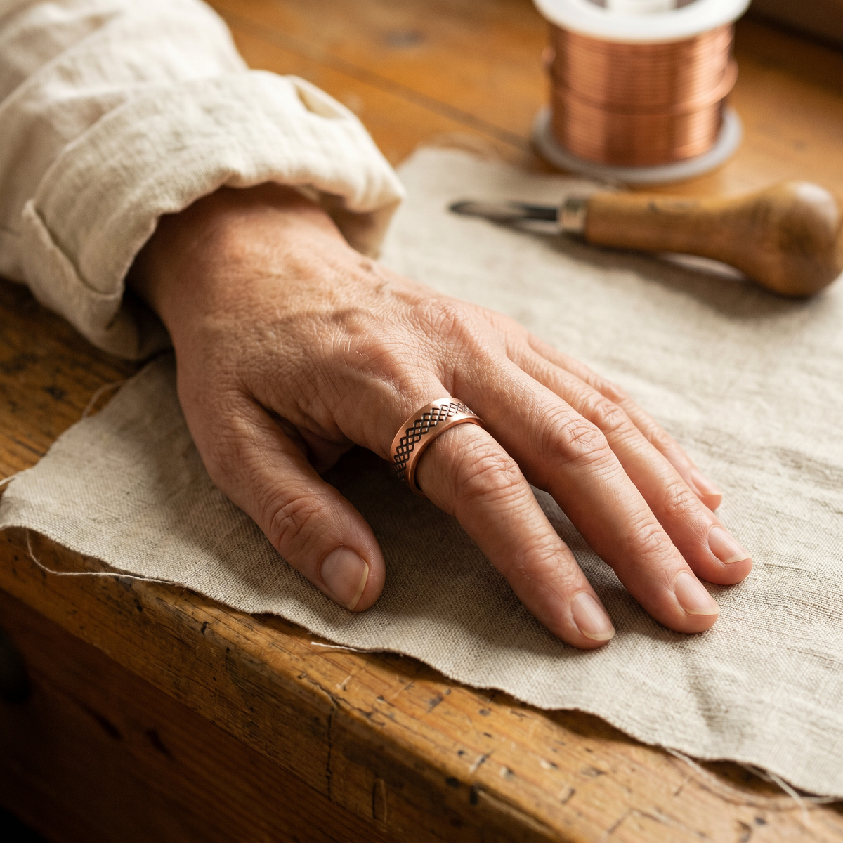 Anillo de cobre con rejilla grabada
