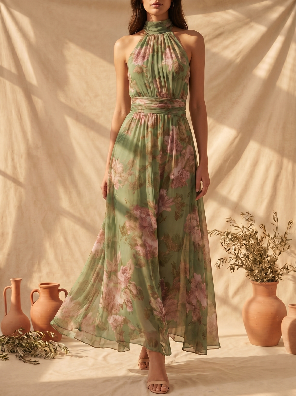 Vestit llarg elegant de florets amb coll halter