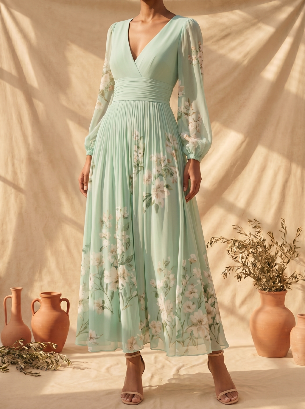 Robe midi vert clair à fleurs