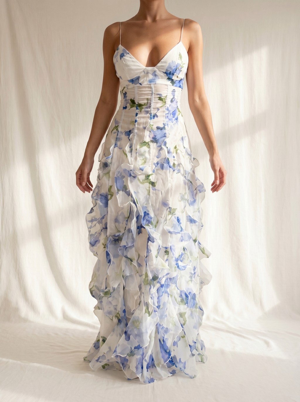 Floral midikjole med volanger