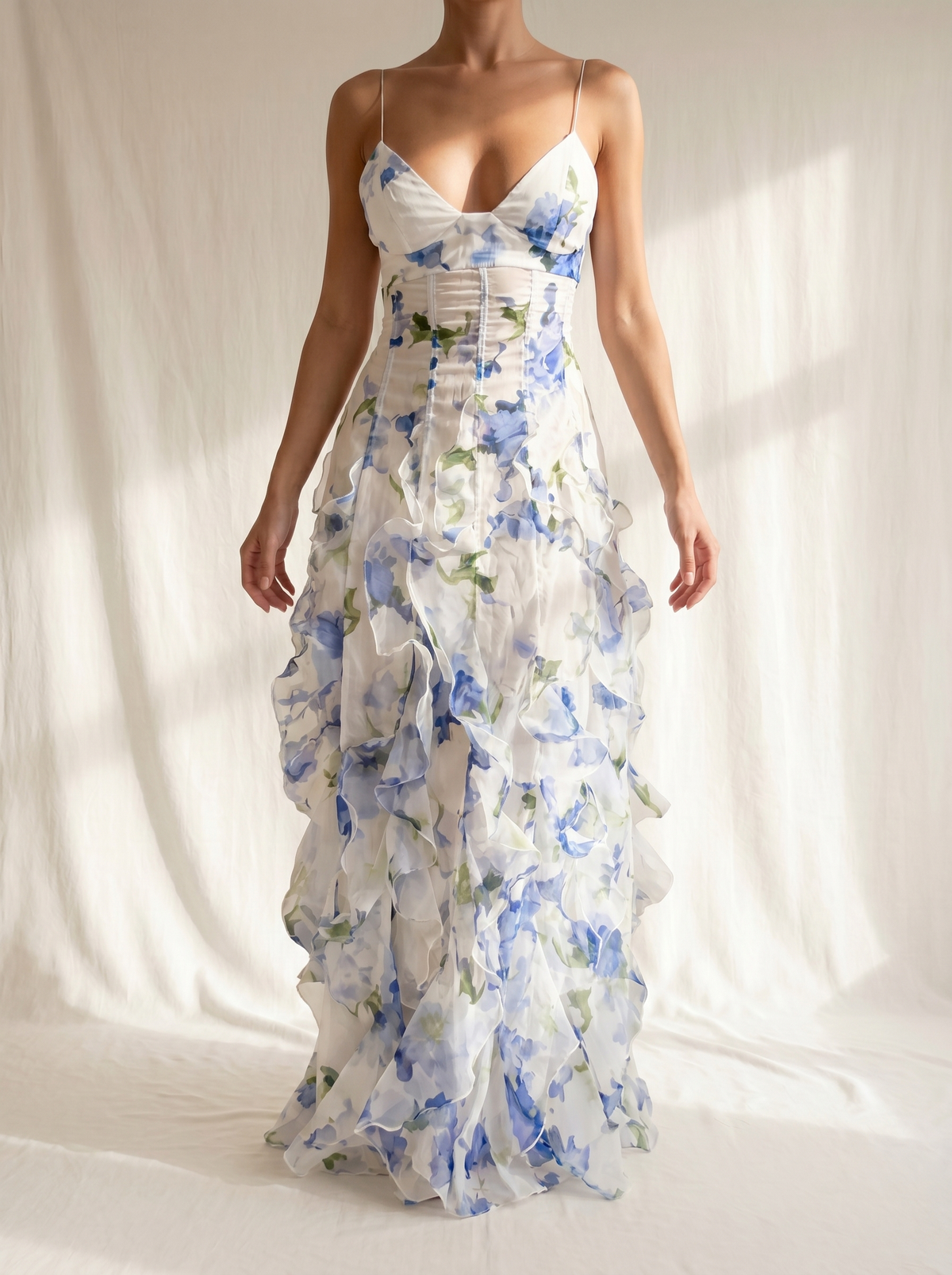 Floral midikjole med volanger