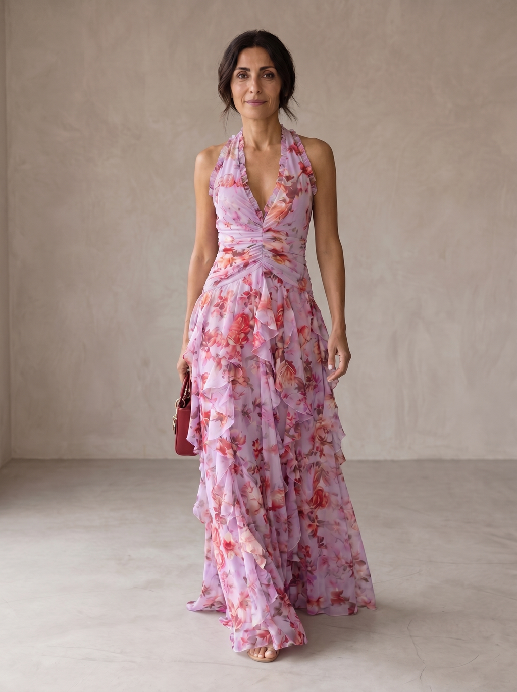 Robe longue à fleurs avec encolure dos nu