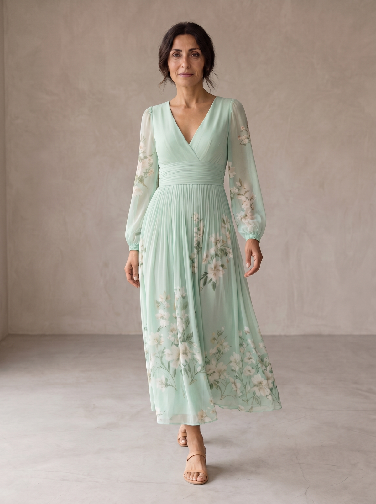 Robe midi vert clair à fleurs