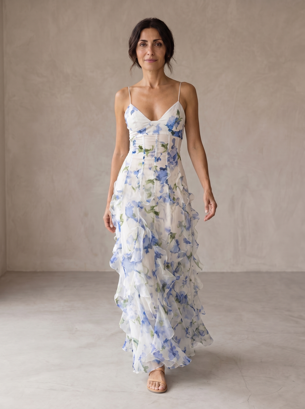Floral midikjole med volanger