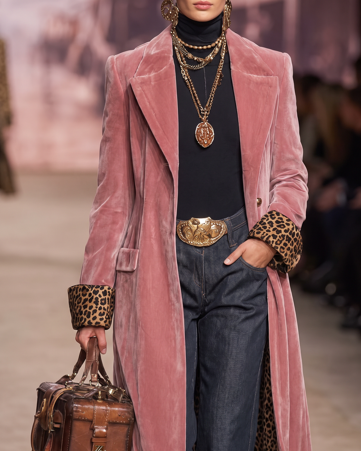 Manteau long en velours avec doublure léopard
