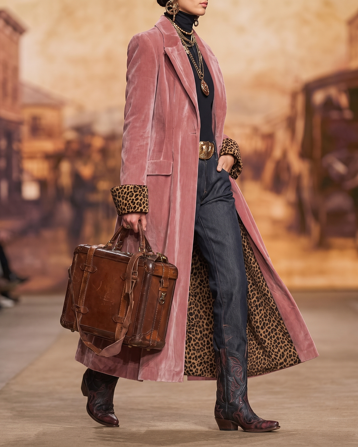 Manteau long en velours avec doublure léopard