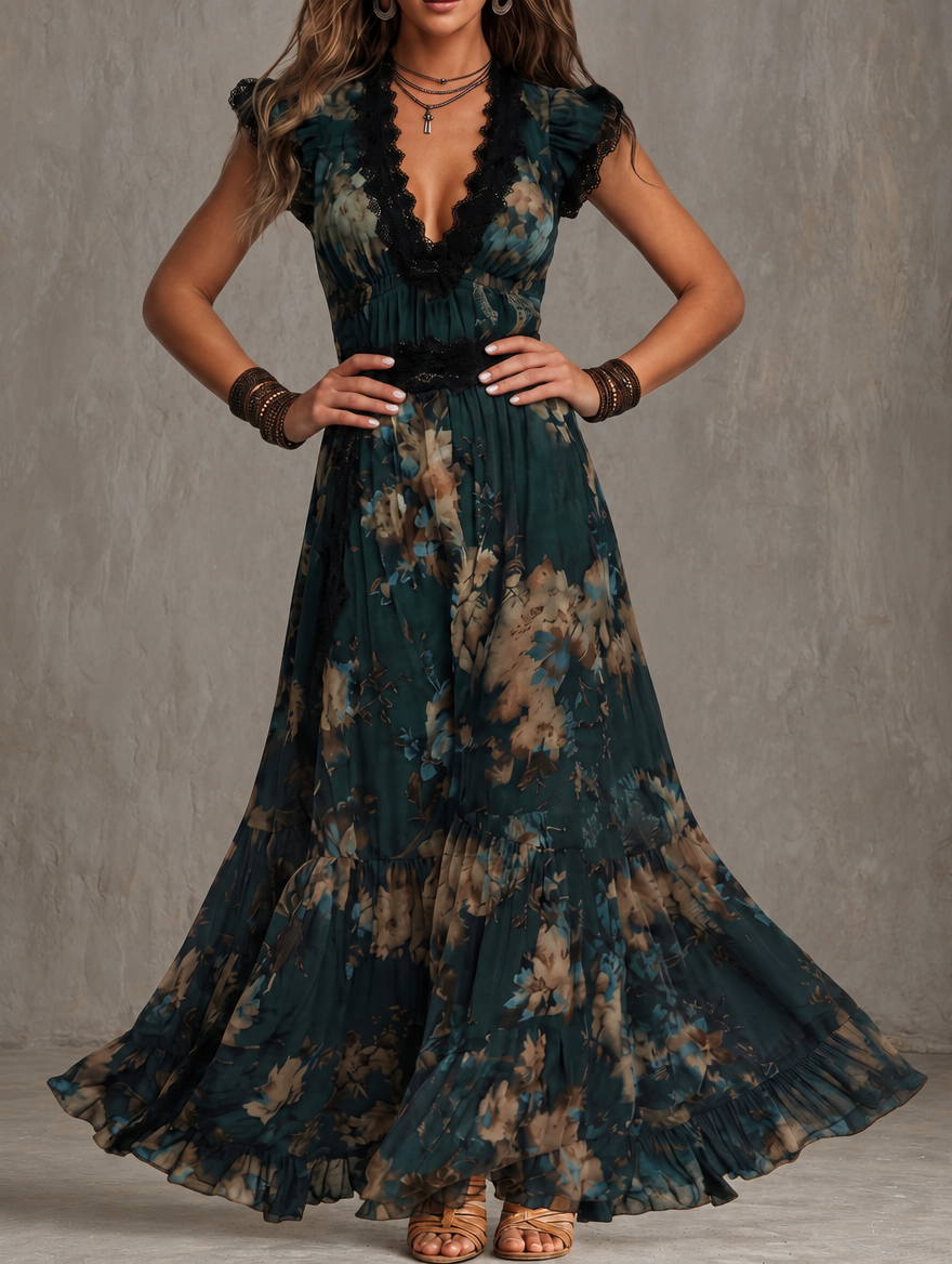 Robe longue en mousseline vert foncé avec dentelle florale