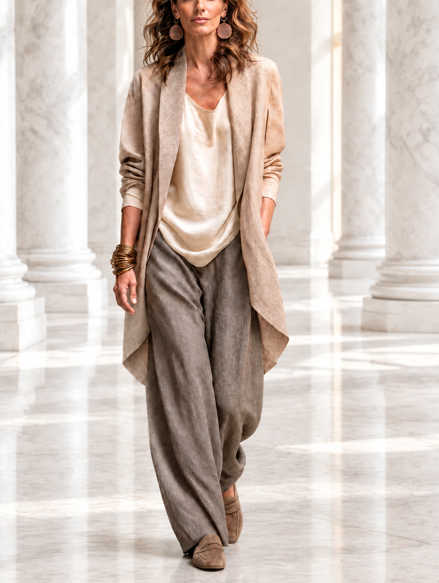 Completo di tre pezzi con pantaloni palazzo beige e grigi