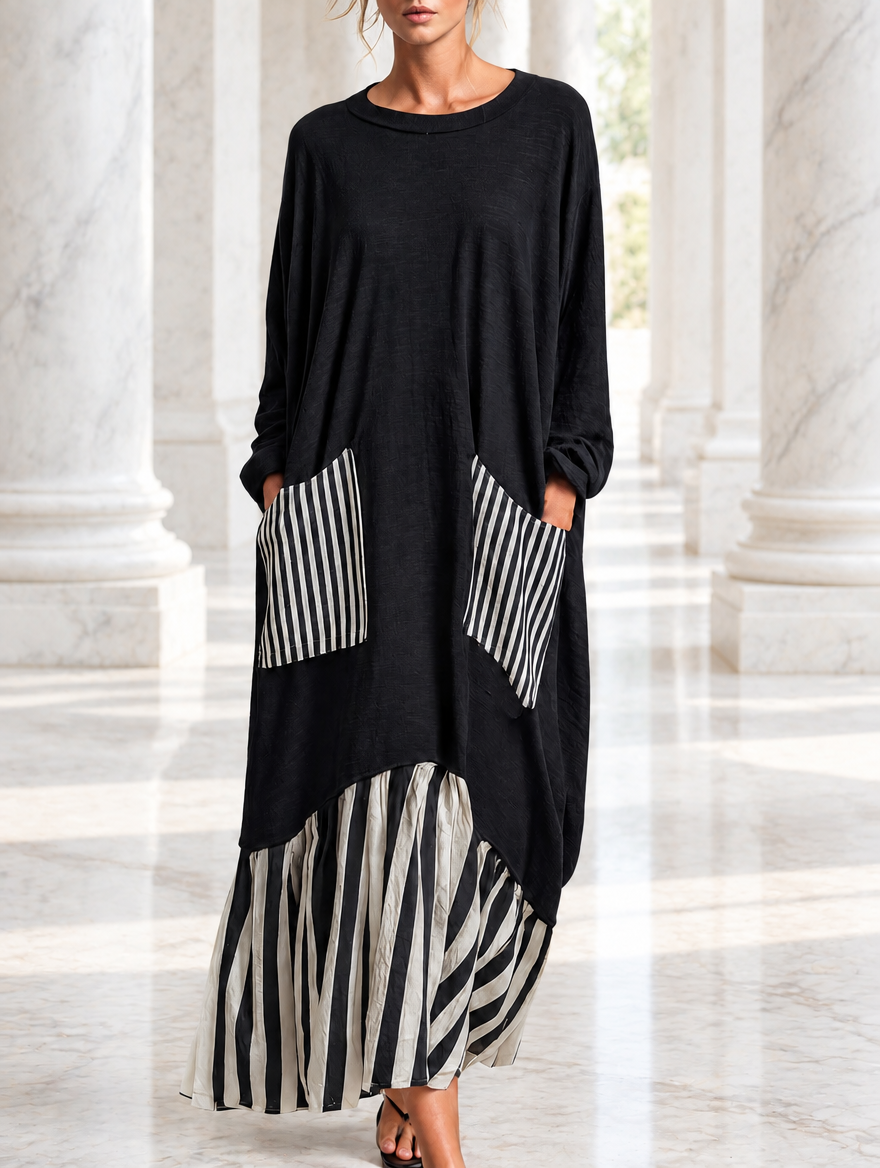 Vestido largo oversize de algodón negro con rayas