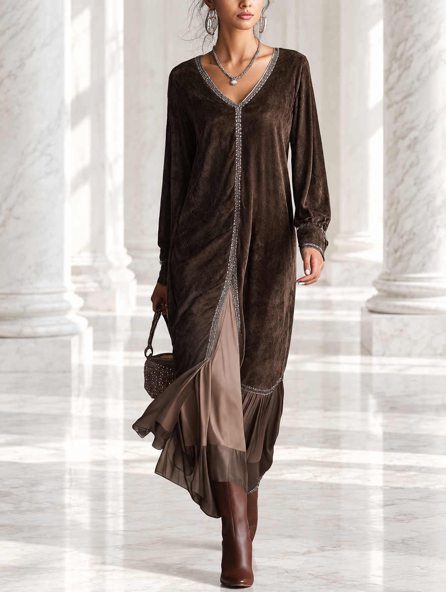 Abito midi svasato in simil camoscio marrone con scollo a V