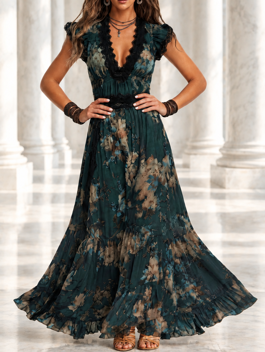 Robe longue en mousseline vert foncé avec dentelle florale