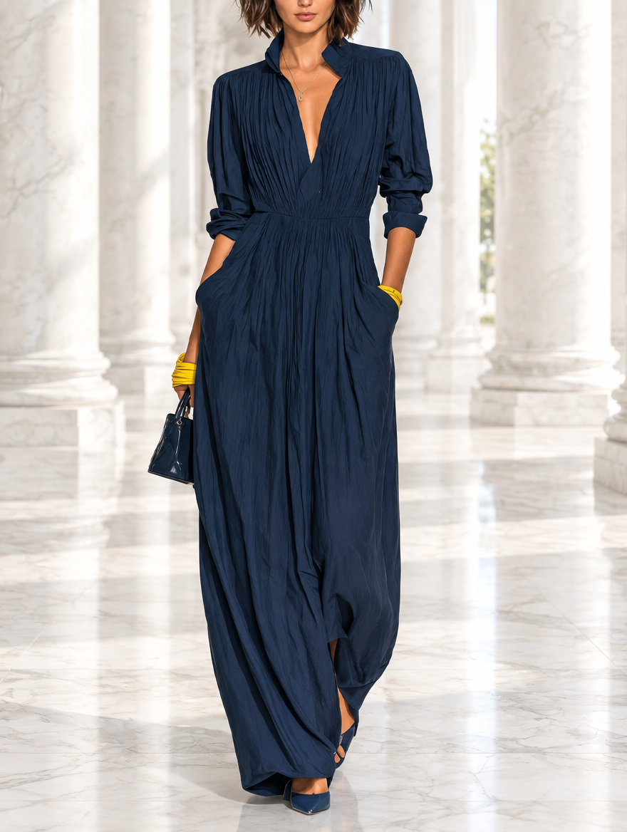 Robe longue plissée bleu marine à col en V