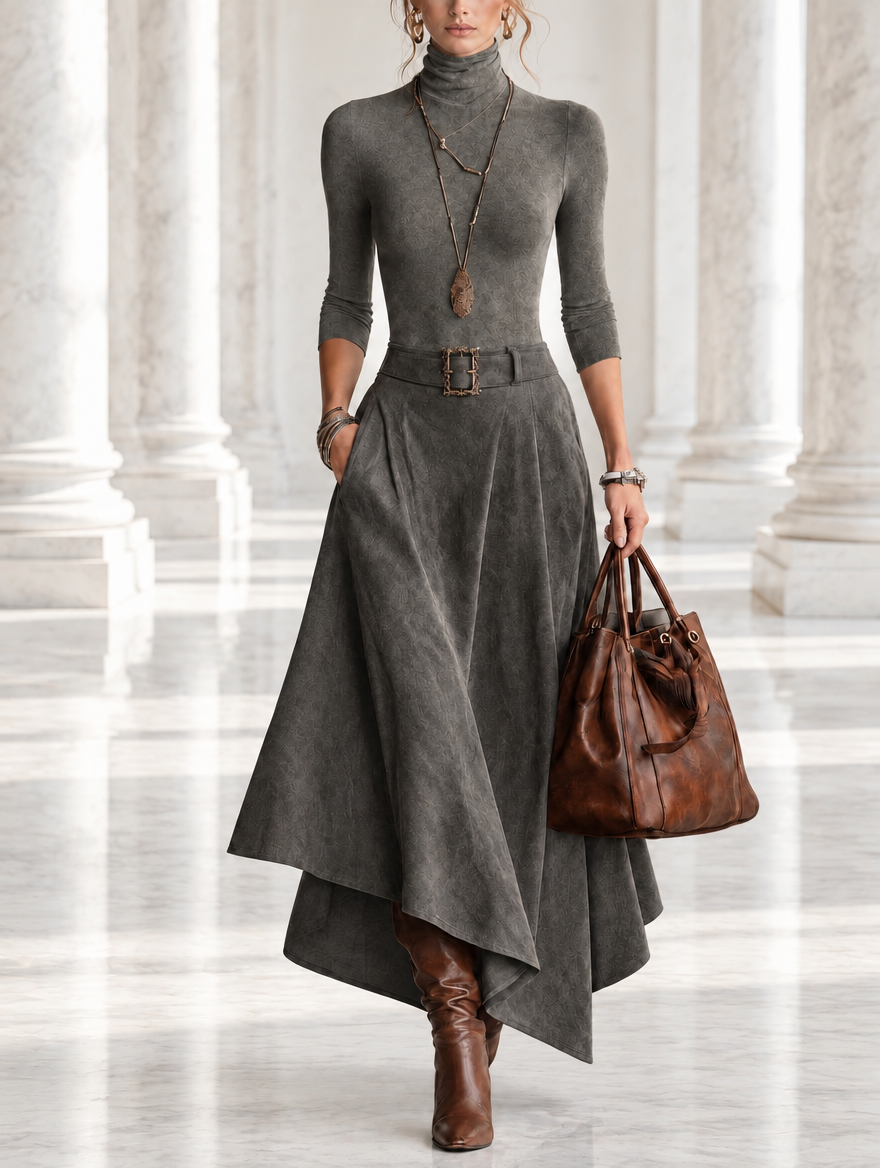 Ensemble composé d’un haut à col roulé et d’une jupe midi asymétrique en daim gris