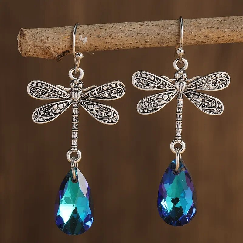 Boucles d'oreilles vintage libellule en zircon bleu