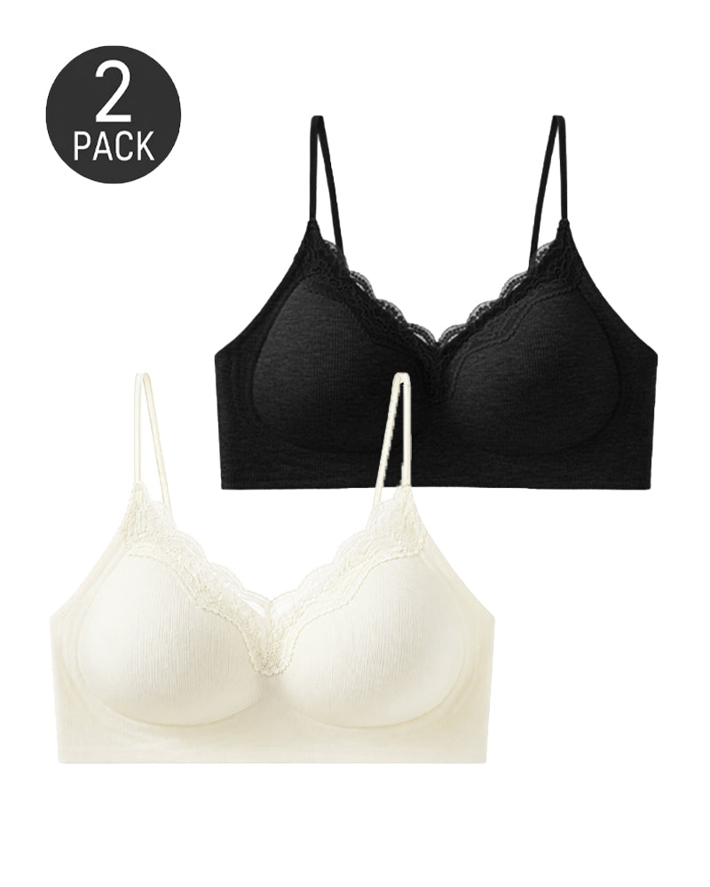 Lot de 2 soutiens-gorge push-up sans armatures, à dentelle sans couture et décolleté en V profond