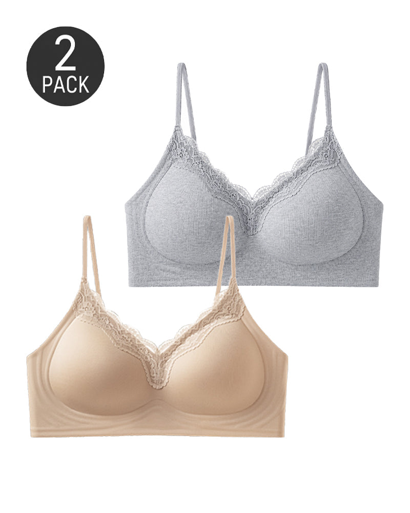 Lot de 2 soutiens-gorge push-up sans armatures, à dentelle sans couture et décolleté en V profond