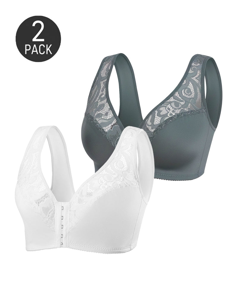 Lot de 2 soutiens-gorge brassières à col en V profond, fermeture sur le devant et bordure en dentelle