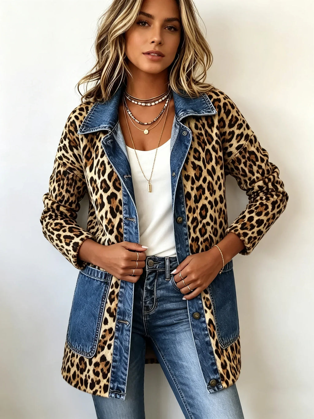 Giacca lunga leopardata con denim