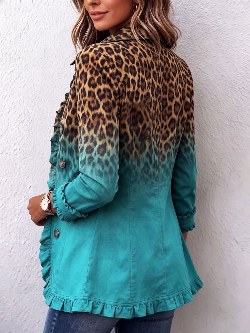 Chaqueta blazer de leopardo degradado con volantes