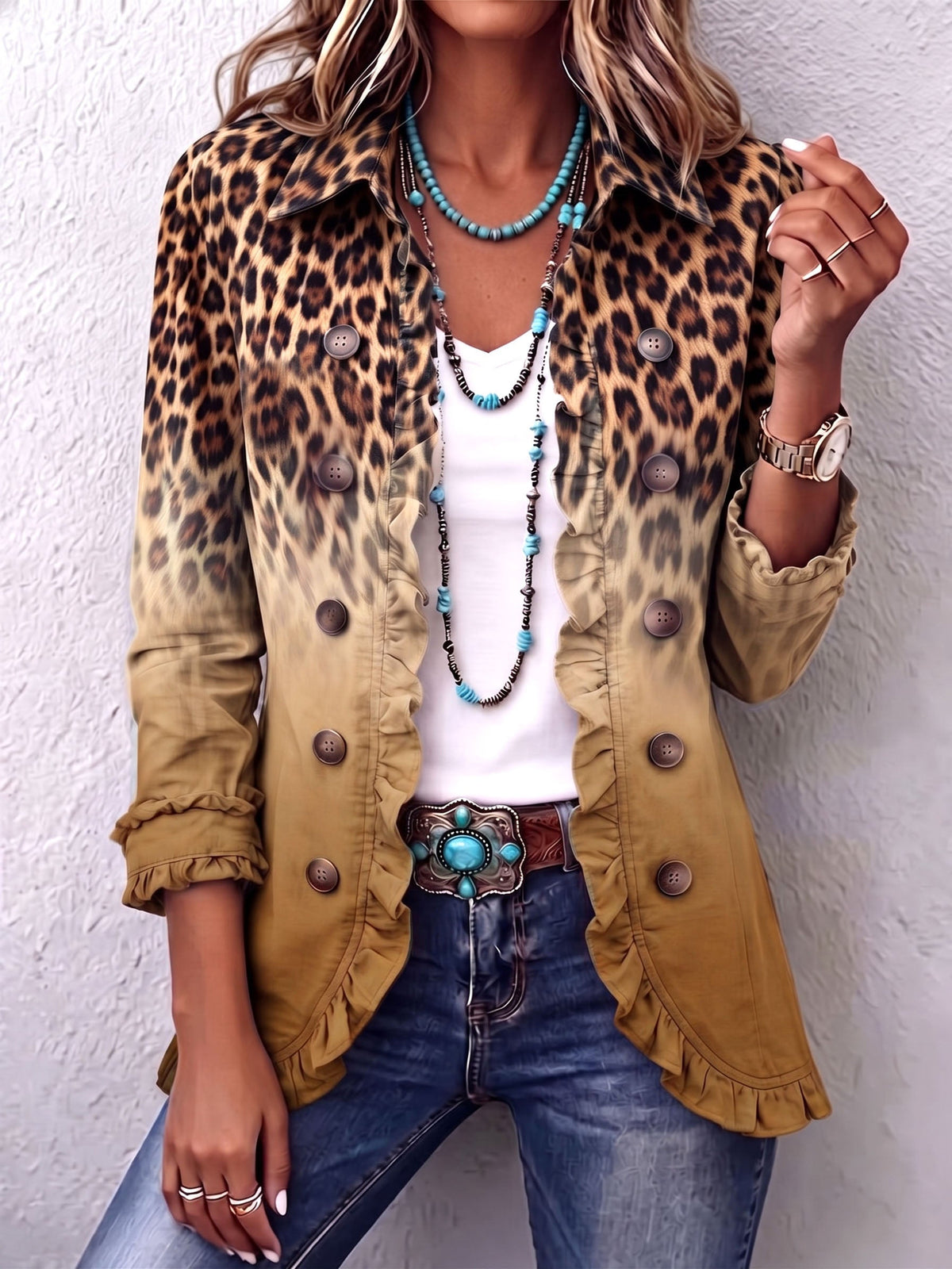 Brusa de blazer de lleopard ocre amb volants