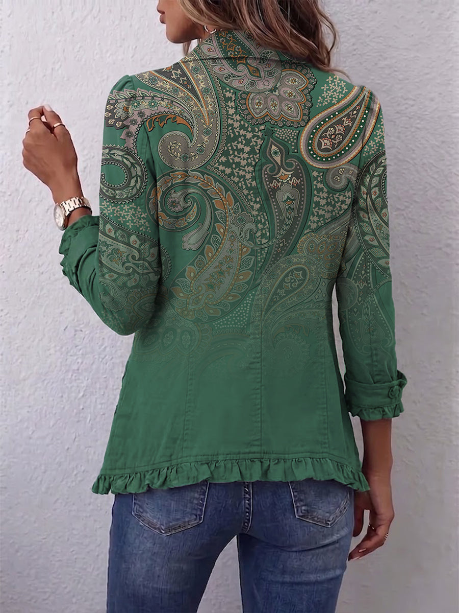 Veste en cachemire vert à volants