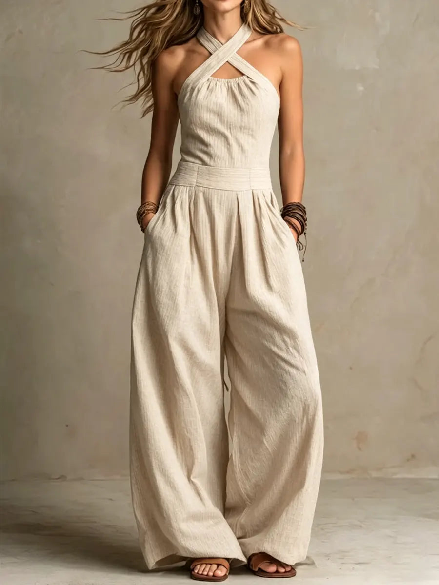 Grå jumpsuit med krysset utringning