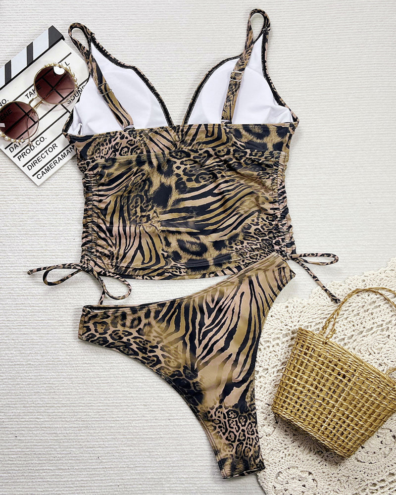 Conjunt de banyador biquini retro sexy per a dona amb escot en V profund i estampat de lleopard