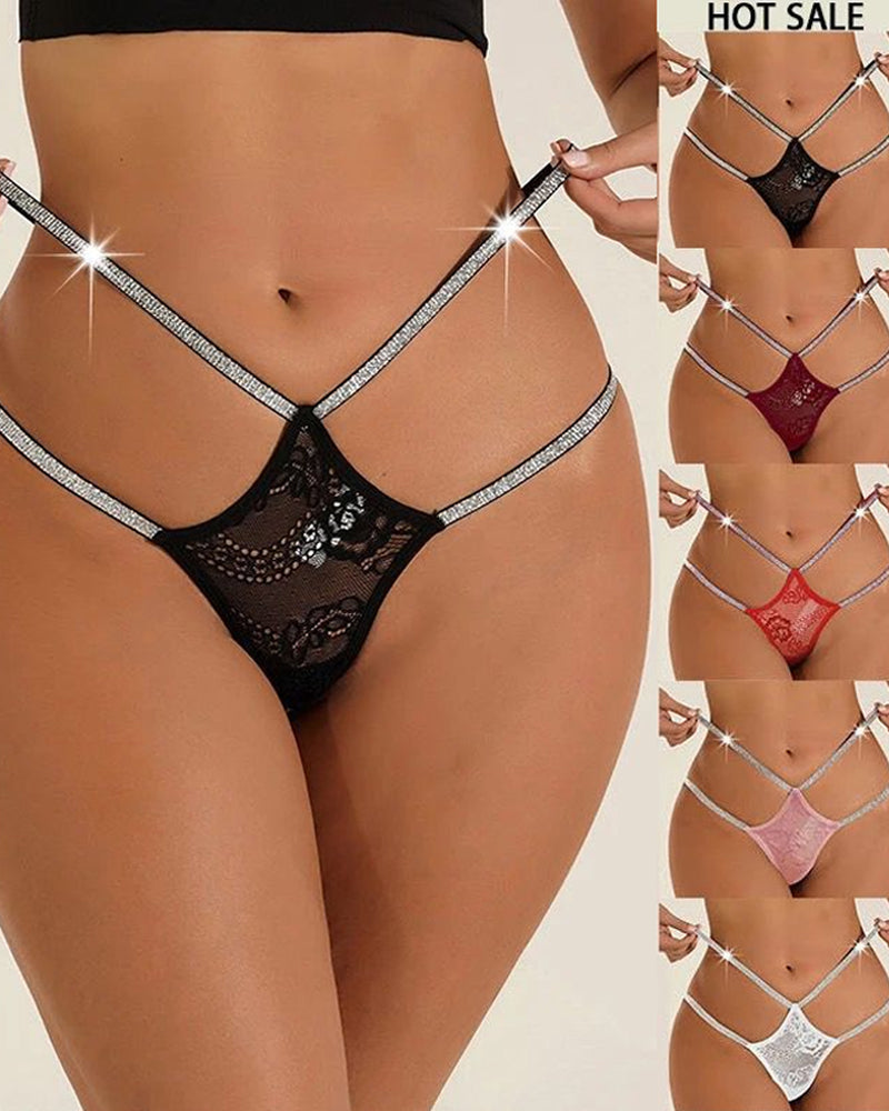 String sexy taille basse en dentelle ajourée à ceinture brillante