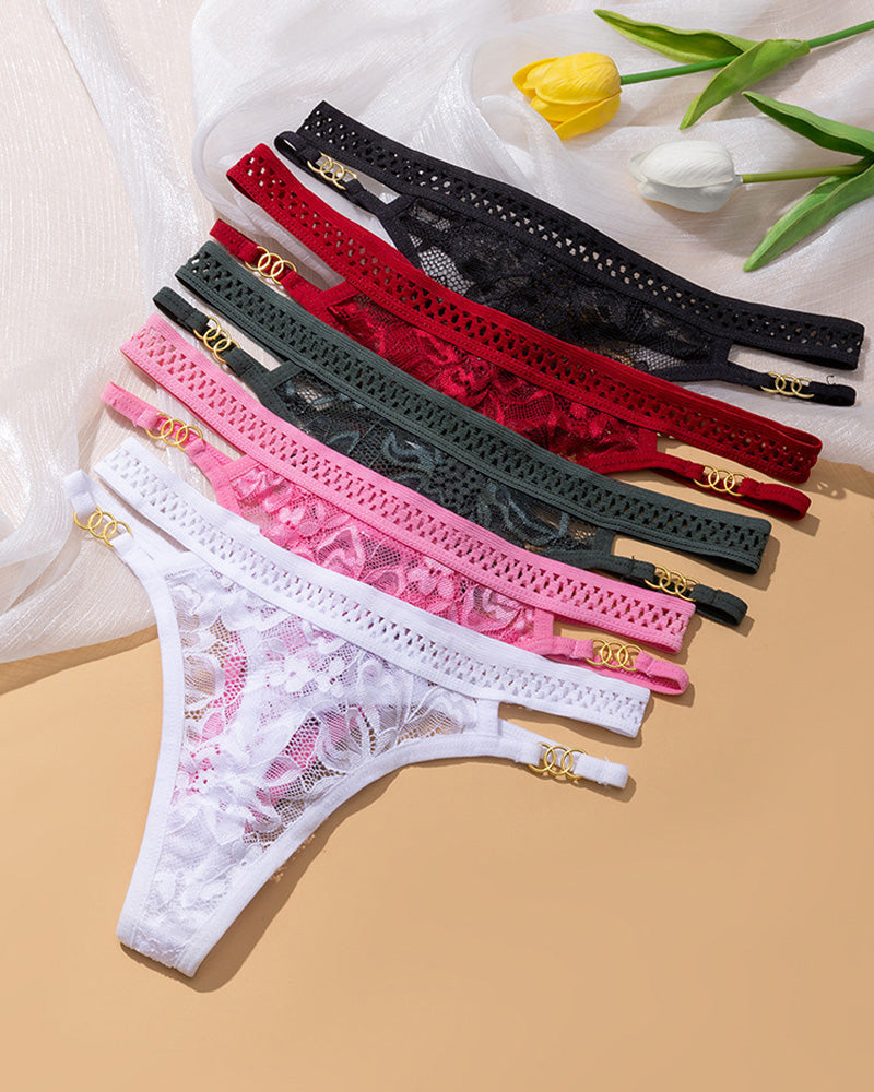 Lot de strings sexy en dentelle et tulle à boucle métallique