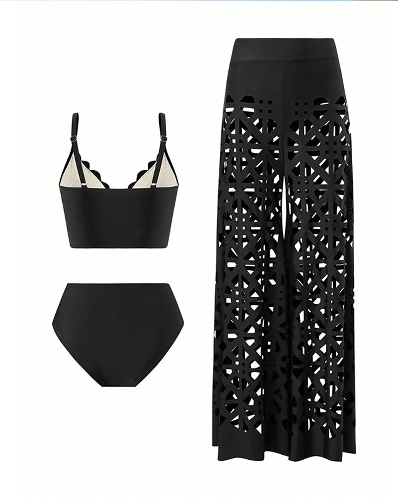 Costume da bagno bikini con scollo a V profondo, cut-out e pantaloni a gamba larga
