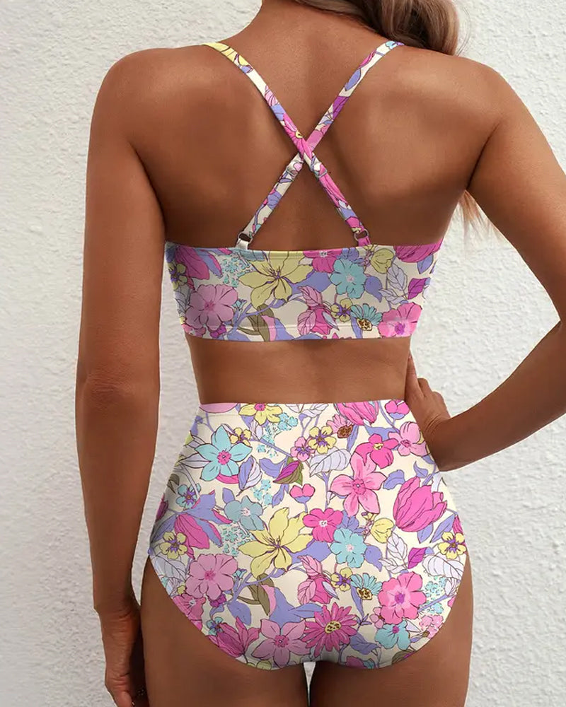 Costume da bagno bikini da donna con scollo a V, fantasia floreale, vita alta e effetto tummy control