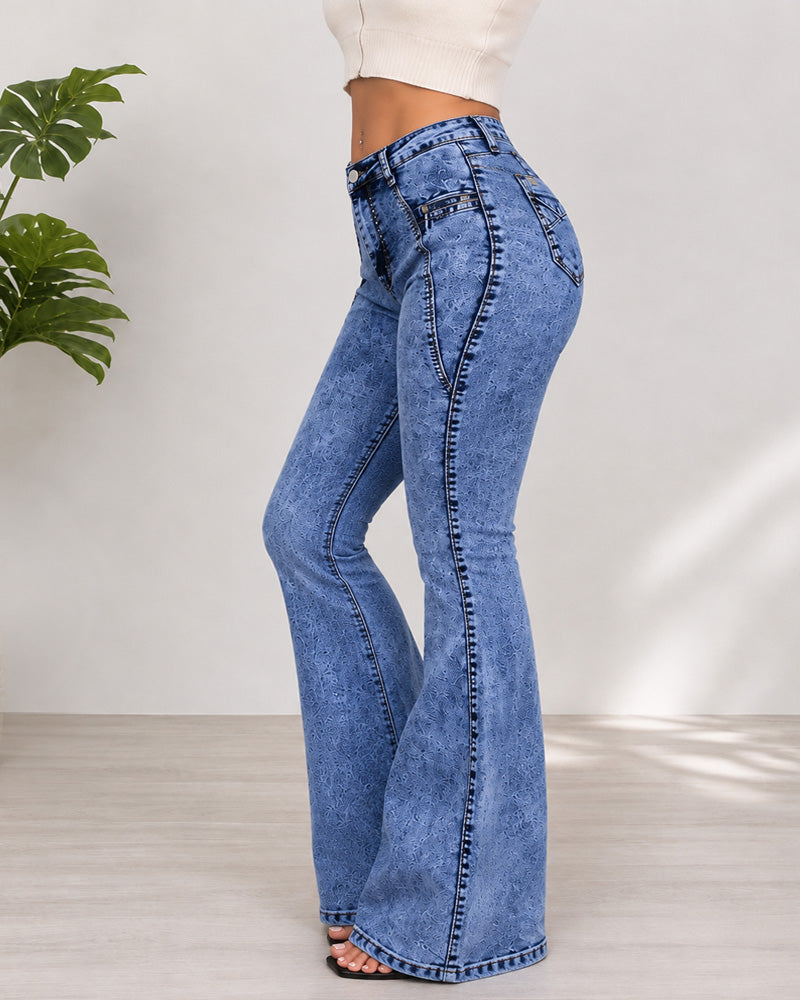 Stretch jeans med utsving, vasket finish og høyt liv med lommer