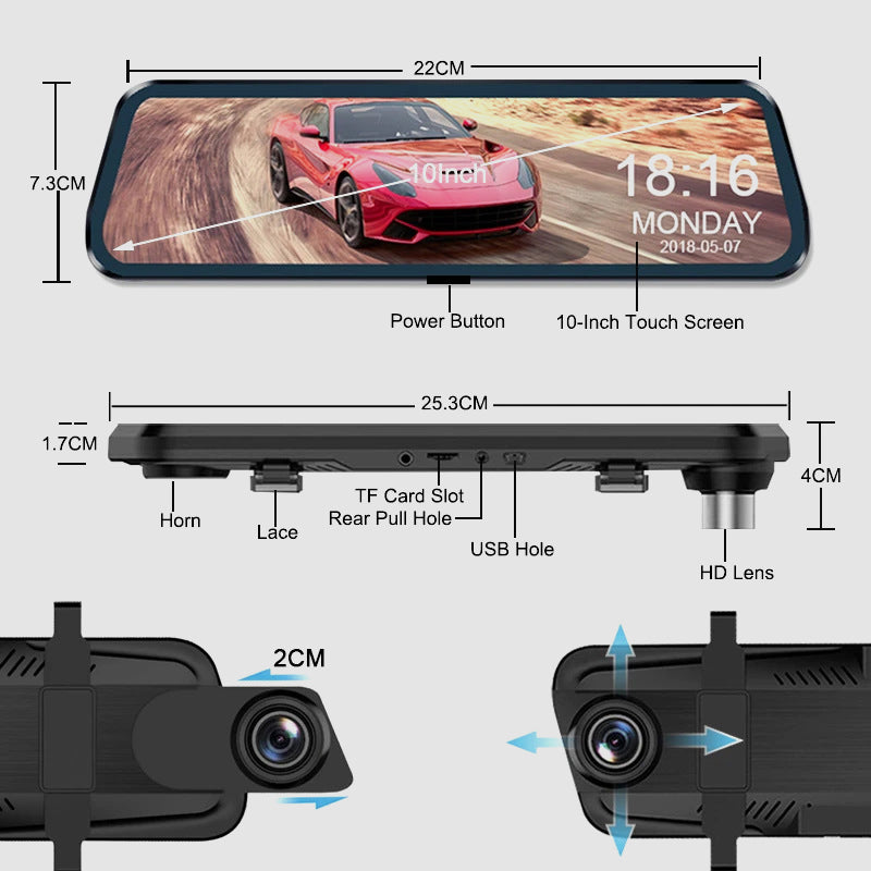 Cámara para coche HD con pantalla táctil de 10 pulgadas