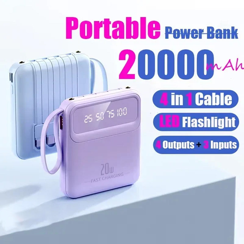 Batería externa portátil de 20 000 mAh con 4 cables integrados
