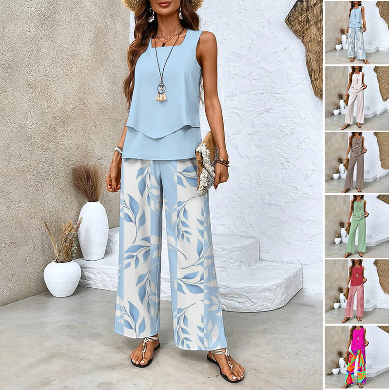 Conjunt estampat: top sense mànigues i pantalons