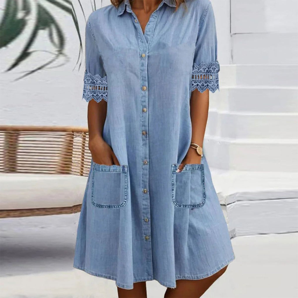 Minivestit blau senzill de denim amb coll i punt de collaret