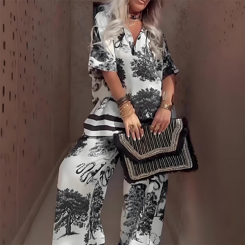 Completo con top stampato a nudo con scollo a V e pantaloni lunghi