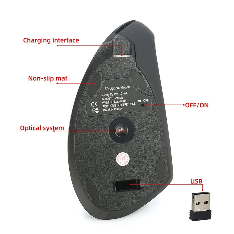 Trådløs oppladbar ergonomisk vertikal mus via USB