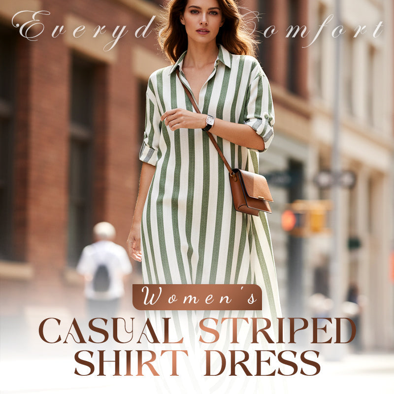 Vestido camisero informal a rayas de manga larga para mujer