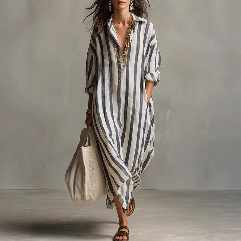 Vestido camisero informal a rayas de manga larga para mujer
