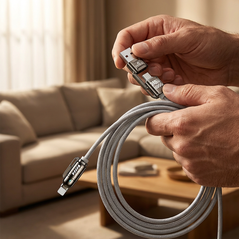 🔌 Cable de càrrega ràpida 4 en 1 ⚡ | Fins a 240 W, xip E-Marker i recobert de silicona | Connectors USB-A i USB-C per a telèfons intel·ligents, tauletes i portàtils | 1 m o 2 m